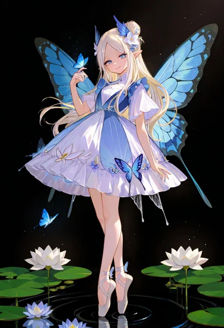 masterpiece, best quality, good quality, very aesthetic, absurdres, newest,1girl, solo, long hair, looking at viewer, smile, blue eyes, blonde hair, hair ornament, dress, closed mouth, standing, full body, white hair, flower, short sleeves, wings, pointy ears, hand up, hair flower, white dress, hair bun, water, high heels, parted bangs, bare legs, blue dress, white footwear, white flower, single hair bun, black background, bug, head wings, butterfly, light particles, blue flower, fairy wings, fairy, tiptoes, dark background, ripples, insect wings, blue butterfly, butterfly wings, wing hair ornament, lily pad, lotus, butterfly on hand, ballet slippers, glowing butterfly, 748cmstyle