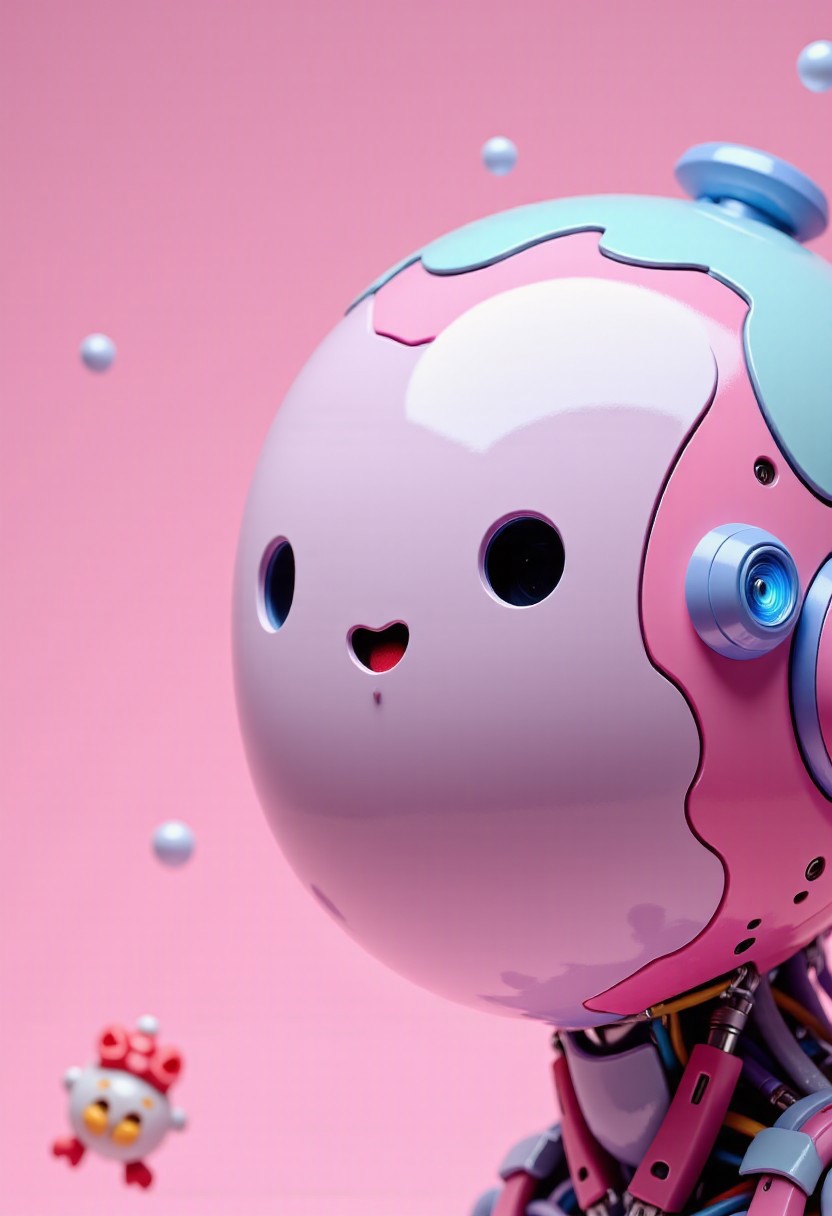 A head close-up of an ajpasbot, a faceless android with a perfectly smooth bubblegum-pink dome, its surface painted in soft pastel hues—rose, blush, baby blue, and cotton-candy lavender swirl like clouds of spun sugar. At the very front of its forehead, a lovingly rendered Kirby-style face is painted: round black eyes that glimmer like jelly beans, rosy cheeks, and a tiny open-mouth smile, full of pure, weaponized joy.
The entire head gleams like a plastic toy in a toybox sunbeam, but as you look closer, delicate brushstrokes reveal a dreamlike world in miniature: floating strawberry planets, jellyfish mechas drifting through caramel fog, and tiny hoverducks wearing bows. Glowing pink circuits trace subtle heart shapes around the edges of the dome, pulsing gently like a sleepy heartbeat.
Pastel mecha-catgirls drift by in the background like sleepy guardians—half-organic, half-cotton-plush, with cat ears that twitch like antennae and armor shaped like cupcakes. Bubbles rise across the painted surface in slow motion, and in one of them, a chibi version of the android gently hugs a floating Kirby-shaped balloon.
The whole head feels like a dream remembered from childhood, preserved on chrome—adorable, soft, but unmistakably sci-fi.
