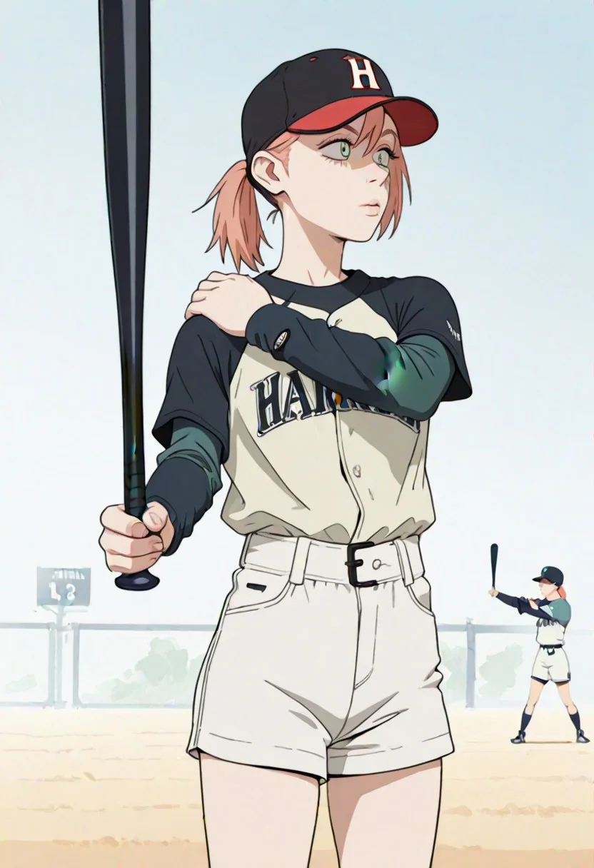(1girl:1.2), (general:1.3), (masterpiece:1.2), newest, <lora:IchiroBattingStance_ill_v01:1>, haruko, ponytail, baseball cap, raglan sleeves, short over long sleeves, white shorts (holding, holding baseball bat, baseball bat:1.2), outstretched arm, (hand on own shoulder:0.7),