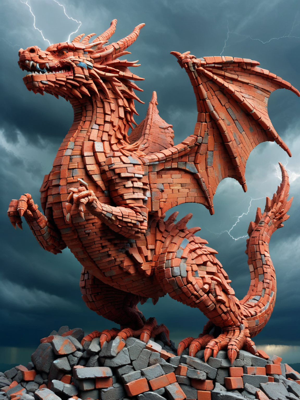 ais-brickz dragon sculpted from weathered ais-brickz, wings outstretched against a stormy sky <lora:Bricks_Style_SDXL:1>