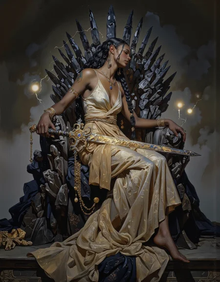 By Phandigrams. This digital artwork depicts a regal, dark-skinned woman with an ethereal, otherworldly presence. She is seated on a throne-like structure made of dark, jagged, crystalline spikes, which contrast sharply with her luminous, golden attire. Her long, thick braid cascades over her left shoulder, adorned with delicate gold chains that drape elegantly down her body. She wears a flowing, sleeveless gown in a pale, metallic gold that glistens in the dim light, accentuating her slender, yet strong physique. Her expression is calm and serene, with her eyes closed as if in deep contemplation.
Her right arm rests on the armrest of the throne, while her left hand delicately holds a large, ornate sword with a hilt that glimmers with gold and jewels. The sword is positioned on her lap, suggesting both her power and readiness. The background is a dark, misty scene with faint, ethereal lights that create a mystical ambiance. The ground beneath her is covered in dark, textured fabric with subtle, golden patterns, adding to the opulent and mysterious atmosphere of the scene. The overall style is dark fantasy with a blend of realistic and fantasy elements, emphasizing the woman's otherworldly beauty and the grandeur <lora:Phandigrams:0.95>
