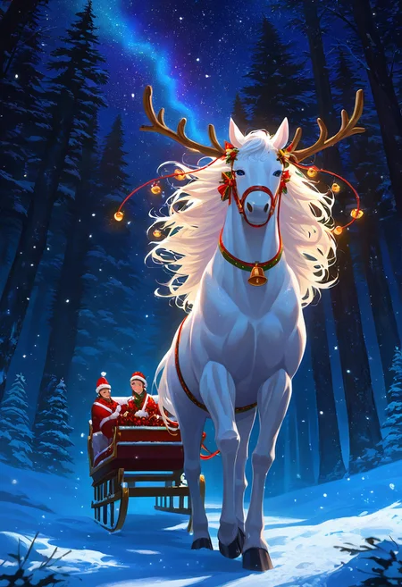 picture of a perfect holiday,
dedmoroz is sitting in a sleigh and driving a sleigh pulled by three beautiful white horses, a bright happy smile looking at the viewer,
a wide snow-covered road among a dense coniferous forest, 
a bright sunny winter day, a forest in the snow, bright sun, volumetric lighting,
snow-covered fir trees around, a cozy evening warm festive cheerful atmosphere of Christmas and New Year,
it's snowing, snowfall, festive New Year's atmosphere, starry sky with shining multi-colored ribbons of the northern lights, flashes of red, blue, green flowers against the background of the black sky with a bed of scatterings of stars and constellations,
absurdity, masterpiece, intricate details, fine details, high resolution, fine small details, HDR, DSLR camera, attention to detail, high resolution, bright colors, deep shadows, large depth of field, stunning contrast,
Masterpiece, (cosy atmosphere), (ultra high res, mj, best quality), (highly detailed), (cinematic), (volumetric lighting, volumetric shadows), (cozy nsfw), Amazing, (finely details), (photorealistic:1.4), warm lighting, ray tracing, dynamic lighting, (extremely clear facial details:1.4),.................
 <lora:sleigh_Illust_v1:1> sleigh, christmas, fur trim, sled, bell, blush, gloves <lora:DedMoroz:1> dedmoroz <lora:ChristmasWinteryXL:0.7> christmaswintery, light, rays, mystical,  <lora:Mystical Snowflakes XL:0.7> snowflakes, mystical <lora:SDXLAuroraStyle:0.3> aurora, glowing <lora:MidjourneyV6.1:0.7> photograph, midjourneyv6 <lora:great_lighting:1>