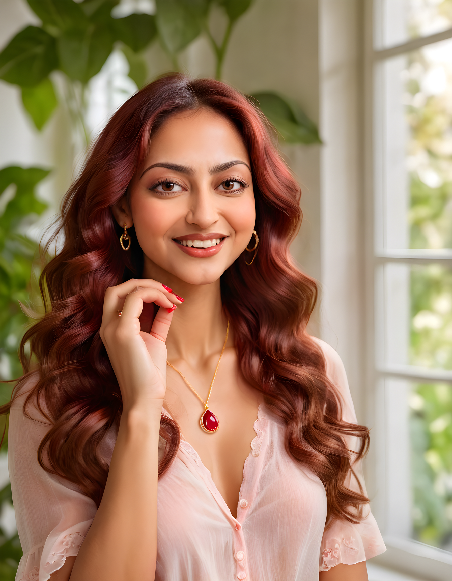 AM832RRB, In a tranquil sunlit studio, a radiant woman with long, wavy chestnut hair and striking brown eyes poses with a confident smile, her lips painted a vibrant red to match the ruby pendant hanging from a delicate gold necklace. Her manicured fingers are adorned with glossy pink nail polish as she gently touches her chin, creating an intimate and captivating portrait against a soft blur of pastel blooms in a verdant garden beyond the studio window.