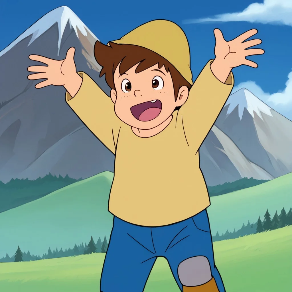 1boy, solo, Peter, brown hair, brown eyes, freckles, hat, shirt, yellow shirt, denim, boots, open mouth, goat, mountains, sky, front view,