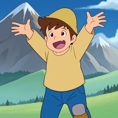 1boy, solo, Peter, brown hair, brown eyes, freckles, hat, shirt, yellow shirt, denim, boots, open mouth, goat, mountains, sky, front view,