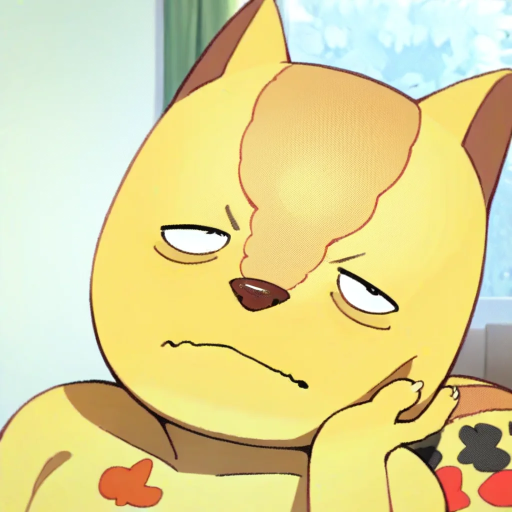 score_9, score_8_up, score_7_up, furry, Darisu, yellow fur, big tail, patterned tail, clock on chest, cartoon style, 2d, furry male, solo, upper body focus, face close up, hand on cheek, tired expression, visible sigh, bedroom eyes, inside