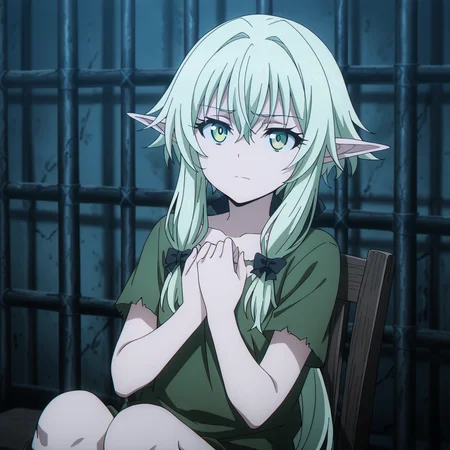 nsfw, masterpiece, best quality, amazing quality,1girl, solo, goblin_slayer_high_elf_archer, sitting, on chair, green eyes, eyes open, green hair, long hair, shirt, sidelocks, short sleeves, bow, hair bow, black bow, torn clothes, closed mouth, hands on own chest, hair between eyes, green shirt, collarbone, facing viewer, prison, <lora:High_Elf_Archer_-_Goblin_Slayer:0.7>