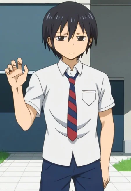 ((masterpiece)), ((best quality)), ((ultra-detailed)), ((absurdres)), score_9_up, score_8_up, score_7_up,
HD, top quality, best quality, amazing quality, High-quality illustrations, anime screencap, source_anime, best aesthetic, perfect proportions, perfect eyes, 1boy, 1male, solo boy, solo male, male focus, solo male focus, Anime, boy, male anime character, anime boy, handsome, attractive, cute, charming, sexy, hot, ((tall, tall body, tall height)), ((slim body, slender body, thin body)), Tadakuni, black hair, black eyes, white shirt, short sleeves, necktie, blue pants, easynegative, updn, Expressiveh, neghands,  cowboy shot, head to hips shot, ((school garden background))