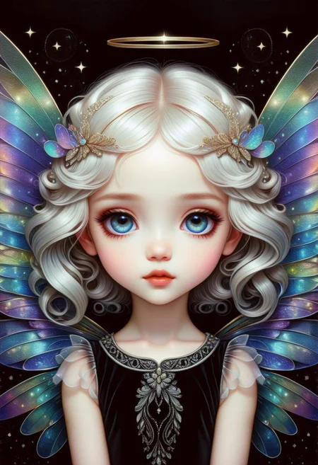 hyper detailed beautiful chibi sugar fairy, coherent delicate face, wavy luxurious hair, intricate iridescent wings, on black velvet canvas, centered composition, rule of thirds, drop shadowed, art by gorjuss, tim burton, margaret keane, charlie bowater, tom wood, keith garvey
