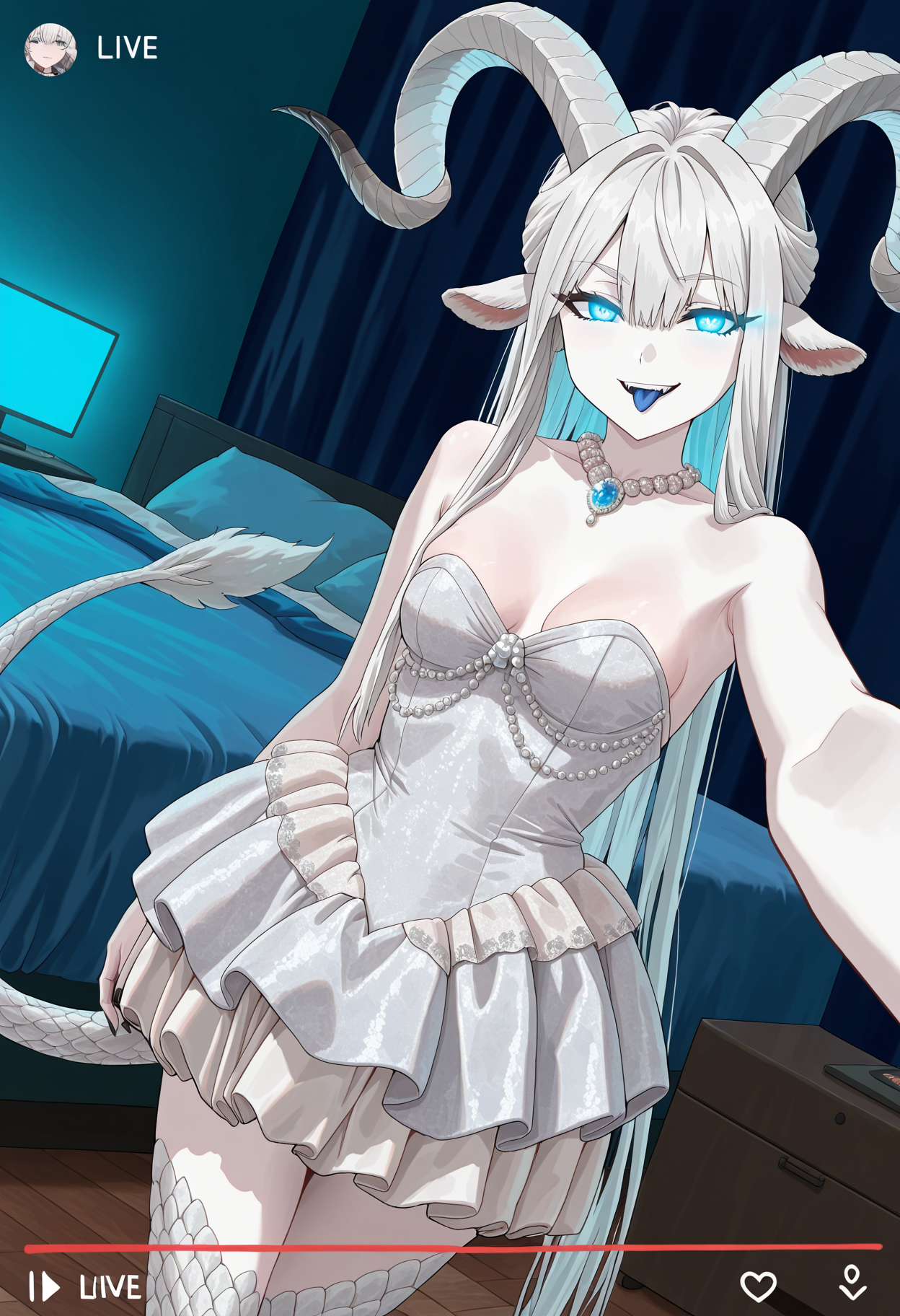 (solo),
1girl, flat breasts, monster girl, long tail, blue glowing eyes, white goat horns, goat ears, glittering scales, sharp black nails, white hair, white skin, blue lips, long blue tongue, glowing tongue,
sexy, pose smirk, bedroom, oiled, dynamic angle, selfie, showing boobs, livestream on screen, livestream hud, chat, hearts, comments, face focus,
<lora:godavianashortvictoriandressIL:1.4>, godavianavictoriandress1,  jacquard dress, strapless, short dress, puffy skirt, sleeveless dress, frills, lace, navy pearl (gemstone), jewelry,
masterpiece,best quality,amazing quality,    <lora:FunatsuKazukiIL-style:0.8>,