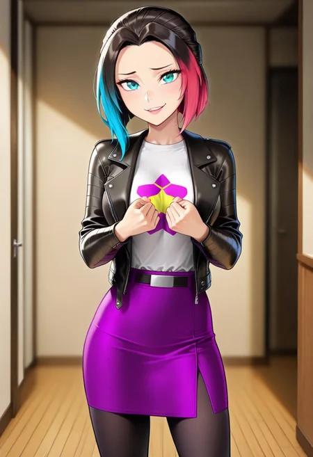 masterpiece, good quality, best quality, dynamic view, original style, screencap, TDPstyle
Zoe, blue eyes, black hair, multicolored hair, black leather jacket, white shirt, star shirt, purple skirt, black leggings, medium breast,
(solo, seducing, sexy pose, dynamic pose, looking at viewer, aroused,)