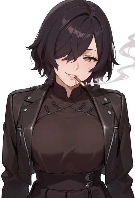 Smooth Quality,masterpiece,very intricate, high quality details, ultra realistic, high detailed skin,detailed enviorement,absurdres,
simple background, white background,
smirk, one corner of the lips raised, narrowed eyes, tilted head, playful gaze,,front view,
cropped jacket, ,smoking jacket, ,high-waist skirt, , <lora:Kiclacnn:0.7> Kiclacnn, 1girl, black hair, brown eyes, symbol-shaped pupils, short hair, hair over one eye,