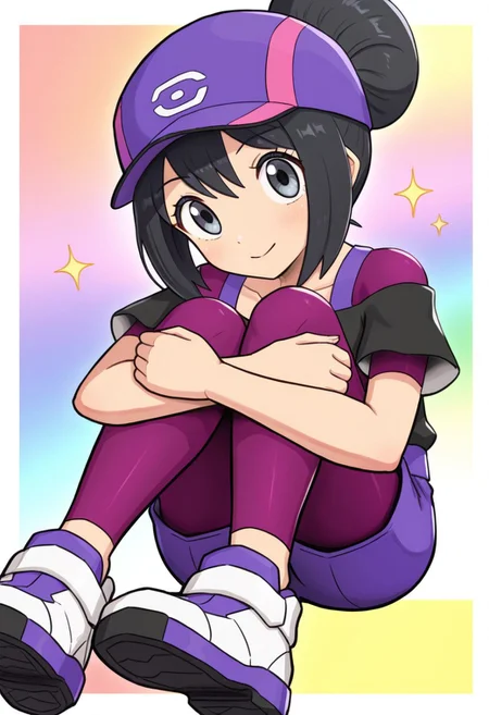 hinosaki, [[pokemoa, gonzarez]], 2d, masterpiece, best quality, amazing quality, 1girl, solo, close-up, sitting, hugging own legs, lower body, foot focus, looking at viewer, multicolored background, sparkle, rainbow background, colorful background, pkbettie, dark style, black hair, grey eyes, short hair, sidelocks, bangs, hair bun, baseball cap, purple headwear, black shirt, collarbone, purple undershirt, short sleeves, off-shoulder shirt, high-waist shorts, purple shorts, purple leggings, leggings under shorts, blue backpack, shoes, purple footwear, white footwear