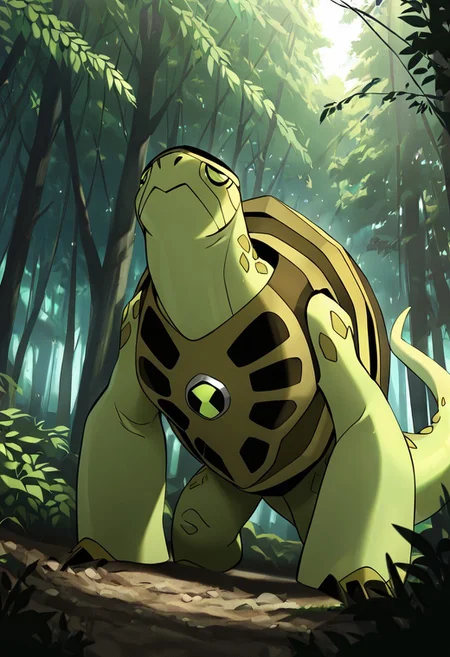 masterpiece, best quality, amazing quality, very aesthetic, absurdres, newest,, detailed background, 
terraspin, pokemon (creature), solo, no humans, closed mouth, green eyes, green skin, shell, turtle, turtle shell, square jaw, 
long neck, on all fours, long tail, forest, above trees, giant, dinosaur, long stretched neck, Brachiosaurus