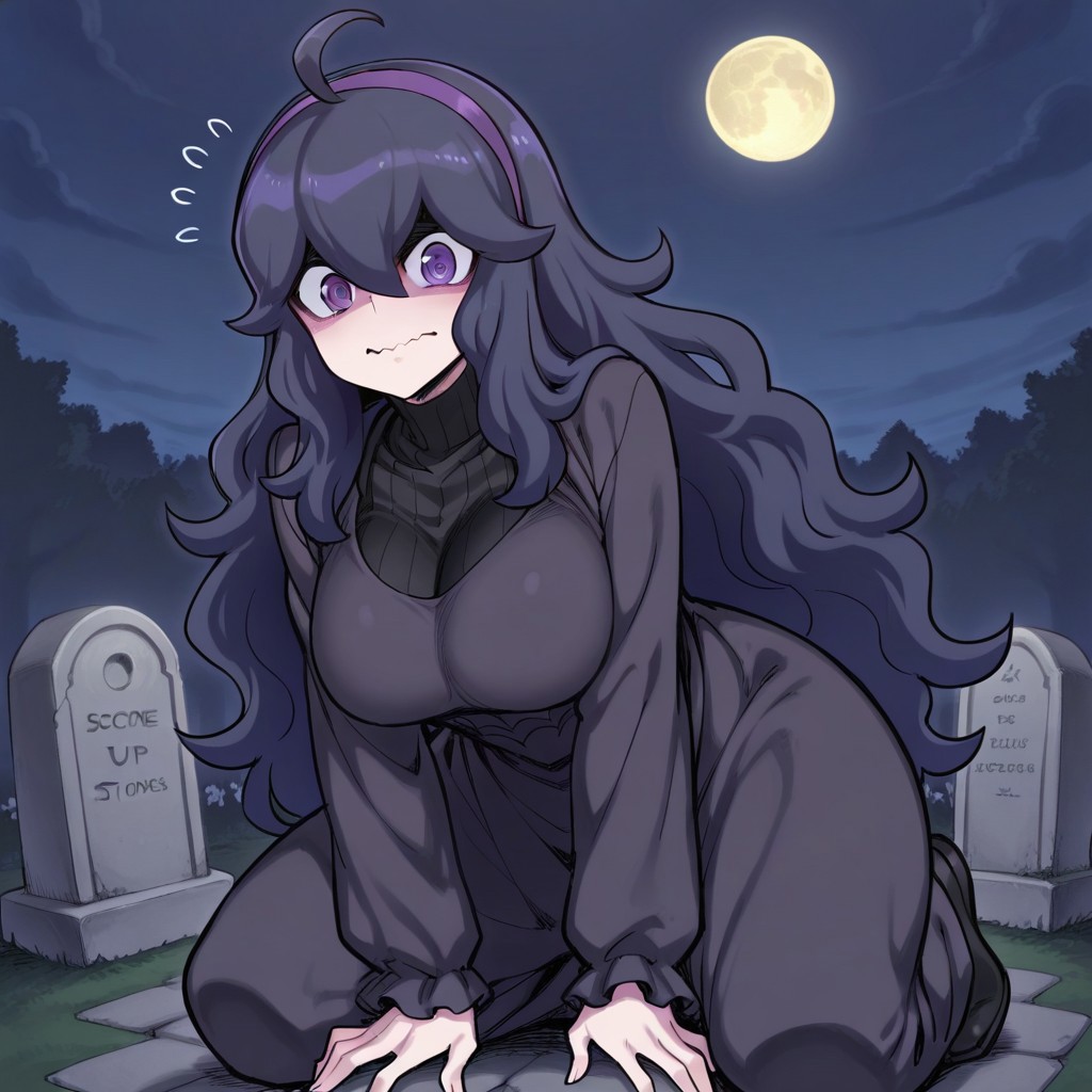 score_9, score_8_up, score_7_up, score_6_up,
1girl, hexmaniac(spacezin style-ixl), dark blue hair, purple eyes, spiral eyes, @_@, white pale skin, very long hair, ahoge, hair between eyes, bangs, purple hairband, messy hair, wavy hair, c-cup breasts,
looking at viewer, shaded face, (wavy mouth:1.2),  
sharp image, eye-catching, perfect quality, best quality, detailed,
detailed environment, dynamic pose, kneeling, nervous, shy,
outdoors, night, dark shadows, full moon, (graveyard:1.1), (tombstones:1.2),