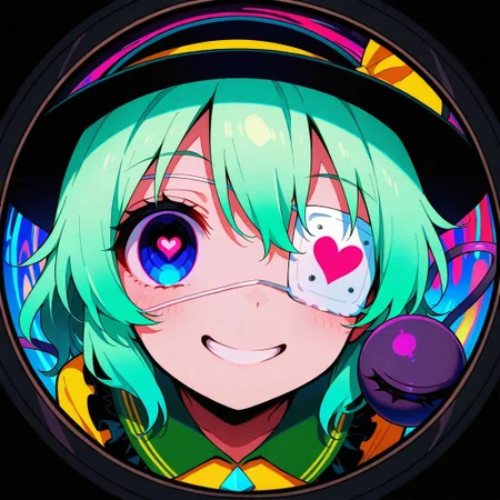 source_anime, high res image, masterpiece, perfect quality, best quality, absurdres, scenic, ultra detailed face, detailed eyes,
HDR,
monitoring, (right eye focus):1.2, eyepatch, (psychedelic):1.2,heart-shaped pupils, smile, colors, fisheye, pov peephole, medical eyepatch, eyeball, from side, looking at viewer,
komeiji koishi, third_eye, hat
