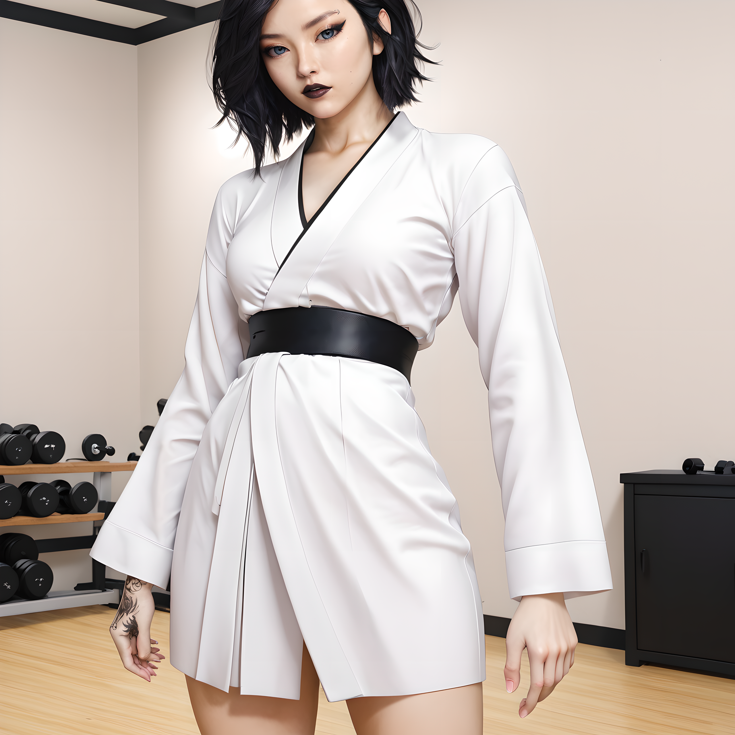 1girl, solo, riona, black hair, realistic, black lips, makeup, arm tattoo, small breasts, blue eyes, short hair, half asian, eyes makeup, eyeliner, <lora:Riona_-_Being_A_DIK:0.85>
BREAK
level_9, level_8_up, level_7_up, source_cartoon, masterpiece 
BREAK
gym,white kimono, indoor, training, martial arts, cloth belt, black belt