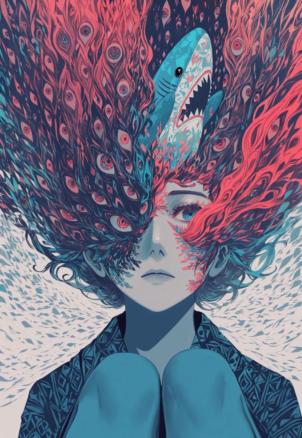[portrait], (expressionless), blending, colorful, ((high contrast, analogous colors)), body horror,
obscured, peeking out, ikea shark, over face, dynamic pose, knees up, out of frame,
one eye covered, fabric, texture, wind, dynamic pose, too many eyes,
sakimori \(hououbds\), (unmoving pattern), limited palette, vdsur, surreal,
masterpiece