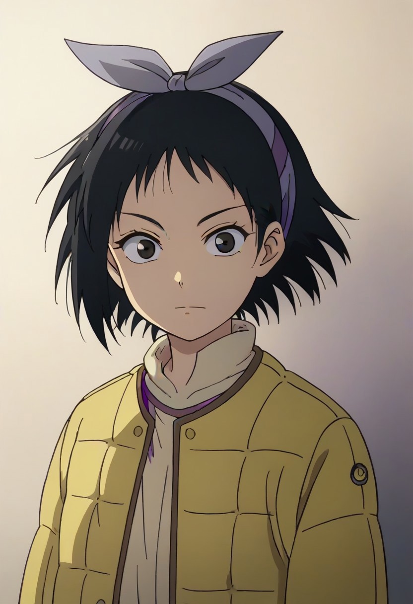 Totori, short hair, black hair, black eyes, yellow jacket, purple hairband, <lora:HeavenlyDelusion:1>,
