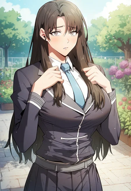 score_9, score_8_up, score_7_up, score_6_up, source_anime, rating_explicit, 1girl, (solo:1.1), huge breasts,<lora:Adeshan Akalusia prefectPonyxl:0.9> long hair, black hair, brown hair, brown eyes, parted bangs, grey eyes, sidelocks, school uniform, black jacket, blue necktie, long sleeves, white shirt, collared shirt, belt, black pants, sad, garden, outdoors, looking at viewer, standing, close-up, hands up