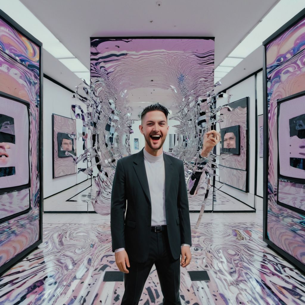 The supremacy of mankind, a glitch art installation showing a man laughing maniacally in a shattered mirror of his own reflection