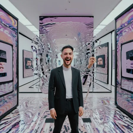 The supremacy of mankind, a glitch art installation showing a man laughing maniacally in a shattered mirror of his own reflection