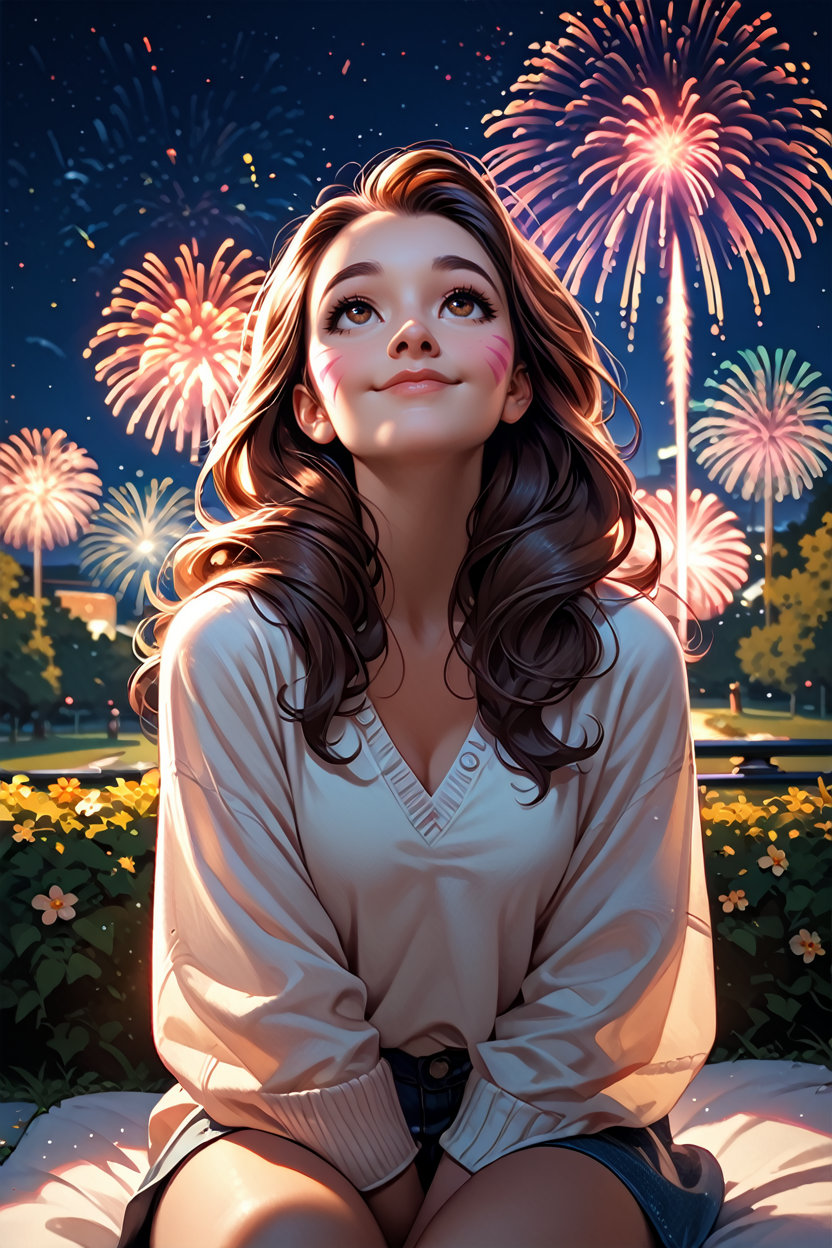 score_9, score_8_up, score_7_up
<lora:ODVA:1.0>
ODVA, 1girl, brown hair, brown eyes, long hair, whisker markings, sitting, at night, fireworks, park, looking up, smile