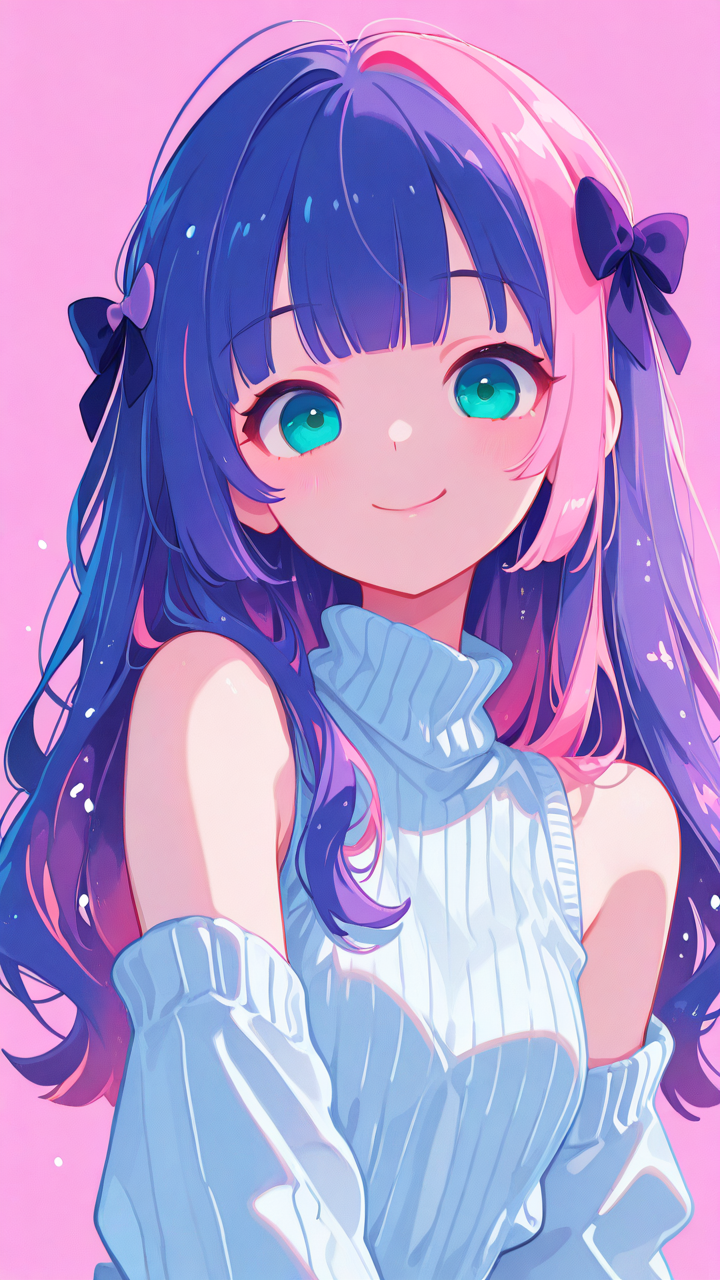 masterpiece, best quality, good quality, newest, highres, absurdres, flat, minimalist style, 1girl,solo,long_hair,looking_at_viewer,smile,bangs,simple_background,bow,bare_shoulders,blue_hair,upper_body,pink_hair,purple_hair,hair_bow,multicolored_hair,sleeveless,tongue,tongue_out,blunt_bangs,two-tone_hair,aqua_eyes,sweater,turtleneck,:p,ribbed_sweater,:q,colored_inner_hair,turtleneck_sweater,white_sweater,sleeveless_turtleneck,sleeveless_sweater, <lora:TQ_Iridescent_Fantasy_Creations:0.8> <lora:MJ52:0.5> <lora:xl_more_art-full_v1:1> <lora:114558v4df2fsdf5:1>  <lora:illustrious_very_aesthetic_v1:0.5> <lora:XXX477:0.2>  <lora:sowasowart_style:0.3>   <lora:illustrious_flat_color_v2:0.6>  <lora:haiz_ai_illu:0.7>  <lora:checkpoint-e18_s306:0.75>