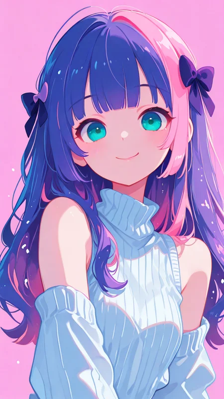 masterpiece, best quality, good quality, newest, highres, absurdres, flat, minimalist style, 1girl,solo,long_hair,looking_at_viewer,smile,bangs,simple_background,bow,bare_shoulders,blue_hair,upper_body,pink_hair,purple_hair,hair_bow,multicolored_hair,sleeveless,tongue,tongue_out,blunt_bangs,two-tone_hair,aqua_eyes,sweater,turtleneck,:p,ribbed_sweater,:q,colored_inner_hair,turtleneck_sweater,white_sweater,sleeveless_turtleneck,sleeveless_sweater, <lora:TQ_Iridescent_Fantasy_Creations:0.8> <lora:MJ52:0.5> <lora:xl_more_art-full_v1:1> <lora:114558v4df2fsdf5:1>  <lora:illustrious_very_aesthetic_v1:0.5> <lora:XXX477:0.2>  <lora:sowasowart_style:0.3>   <lora:illustrious_flat_color_v2:0.6>  <lora:haiz_ai_illu:0.7>  <lora:checkpoint-e18_s306:0.75>