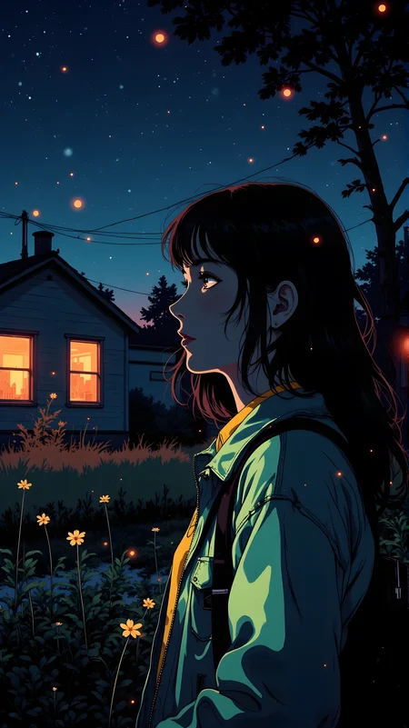 Beautifully detailed and serene illustration of a person standing outdoors at night. The individual has long, dark hair that falls over their shoulders, adding to the overall sense of movement and texture. They are wearing a green jacket with a yellow collar, which creates a nice contrast against the darker tones of the background.
The person's expression is calm and contemplative, with their gaze directed towards the distance, suggesting a moment of quiet reflection or observation. Their posture is relaxed, with one hand resting on their hip, creating a sense of ease and comfort.
The background features a house with warm, glowing lights visible through the windows, creating a sense of warmth and coziness. There are also some trees and plants visible, adding to the natural and peaceful atmosphere. The sky above is filled with stars and fireflies, adding a magical and dreamlike quality to the scene.
Overall, this illustration captures a moment of quiet beauty and tranquility, with the combination of the person's attire, the soft lighting, and the detailed rendering creating a visually engaging and emotionally resonant scene. The use of color and composition adds depth and character to the artwork, making it a powerful and evocative piece.
j_art, anime, anime art, <lora:FLUX\jul\J_Anime:1.0>, <lora:FLUX\Anime Art V3:0.1>, <lora:FLUX\RM_Artistify_v1.0M:0.1>, <lora:FLUX\RetroAnimeS1.1:0.1>
