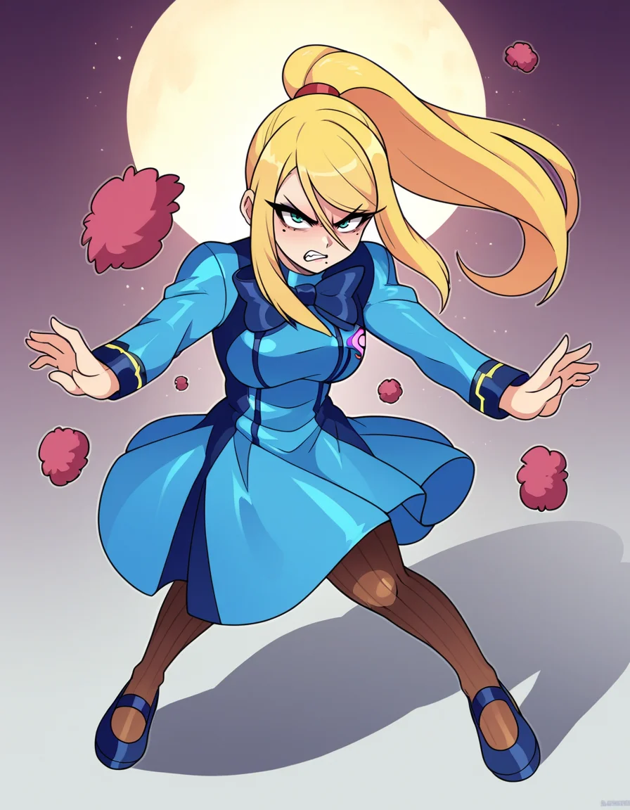 zPDXL, score_9, score_8_up, score_7_up, score_6_up, score_5_up, 4k, absurdres, looking at viewer, <lora:Perfect Hands:0.8> Perfect Hands, 1girl, solo, 
Samus, blonde hair, ponytail, mole under eye, angry, zombie pose, ruffle-blouse, culottes, mary-janes, pinstripe-pantyhose,
<lora:NicoNeko_v1:0.8> ncnk, silk