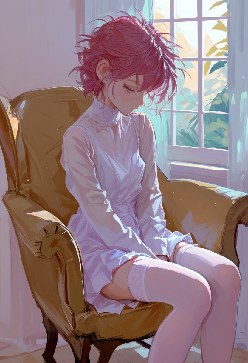 score_9, score_8_up, score_8_up, SWMS, 1girl, (sitting in ottoman:1.3), sexy, 1girl, short hair, pink hair, messy hair, bedroom, sunlight, thighhighs, Expressiveh, SWMS