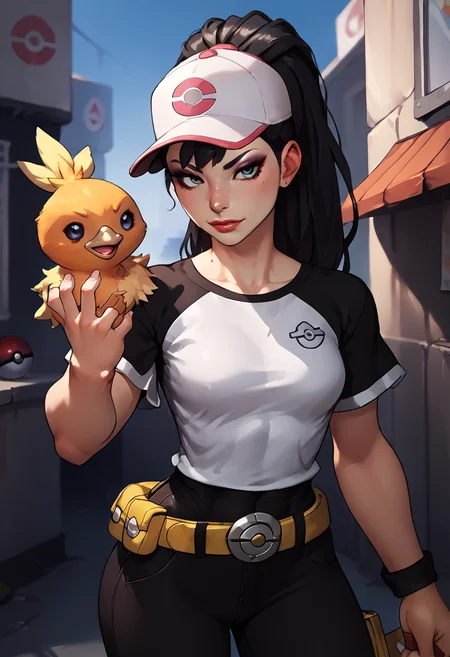 score_9, score_8_up, score_7_up, score_6_up, score_5_up, score_4_up, <lora:chunliSDXL:1> chunliSDXL, cap, good hands, torchic, pokeball at belt, black hair, makeup, <lora:torchic_pony_v1:1>, <lora:incase-ilff-v3-4:0.8>, <lora:BoldCAT_P3:0.7>