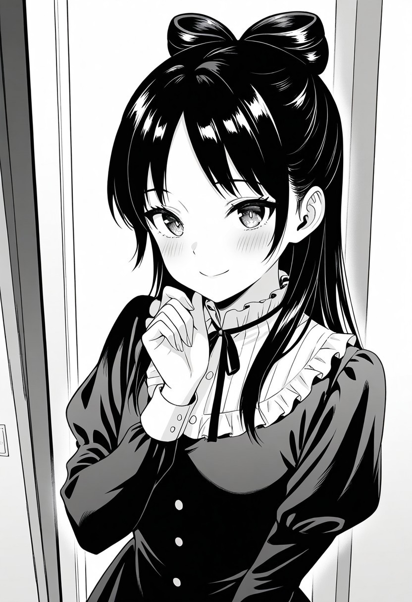 (absurdres, best quality, masterpiece:1.4), amazing quality, highres, newest, detailed, detailed body, detailed face, beautiful, petite,  monochrome, greyscale,
BREAK
WWNemu, 1girl, solo, standing, smile, NemuMang, manga illustration, bow-shaped hair, parted bangs, half updo, dress, frill collar, neck ribbon