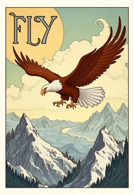 Majestic eagle soaring over snow-capped mountains, poster with the text “FLY”, visual flourishes of swirling wind and clouds, illustration in the style of ARTNV