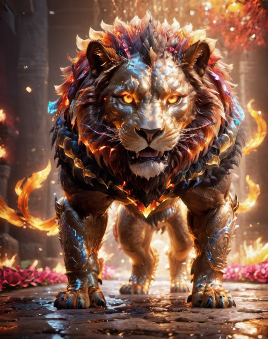 rainbowdreamxl,close up portrait of a fearsome lion god in the arena,apex animal,godlike,magical effects,armor parts,epic,trending on artstation,awardwinning,bokeh,cinematic,private press <lora:rainbowdreamxl-000004:0.8>