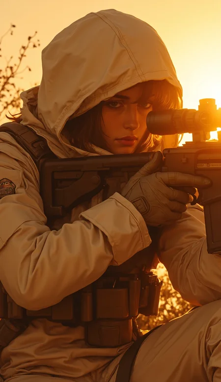 intricate art work with expressive contrasts, sepia , semi-realism, magnificent, image of female sniper in white camouflage uniform, aiming sniper rifle, silhouetted at sunset, chiascuro, hood on, assassin sniper, gloves, beautiful woman,