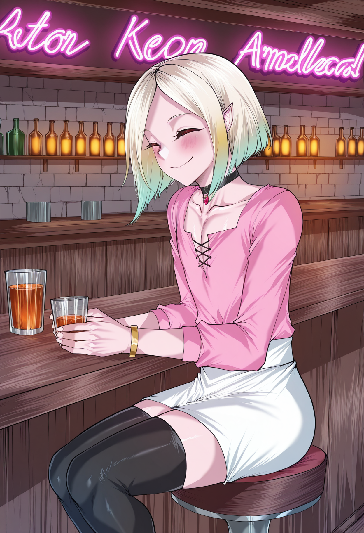 solo, neon lights, Science fiction,
1boy, trap, pointed ears, small eyes, black sclera, red eyes, bob hair, ((blonde hair), green hair, gradient hair), skinny,
choker, pink blouse, long sleeves, bracelet, white skirt, black thighhighs, closed eyes, blush, satisfied smile,
sitting, tavern, holding a shotglass, bar, counter, bar stool,
<lora:lungnutIL-style:1>,lungnut, masterpiece,best quality,amazing quality,