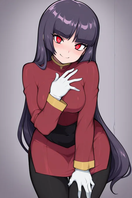 masterpiece, best quality, 1girl, solo, 21 year old model, eyelashes, (beautiful eyes), ,,,zzSabrina, red eyes, long hair, blunt bangs, sabrina (pokemon), purple hair, pantyhose, black hair, long sleeves, red skirt, white gloves, black bodysuit, <lora:SabrinaPokemonIXL:1.0>, ,,, smile, looking at viewer, leaning forward, head tilt, blush,,, <lora:AfrobullIXL_v1:1.0>, <lora:ZankuroIXLLight_v2:0.6>, <lora:princess_xl_v2:0.3>,