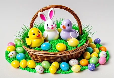 lazypos, Easter scene, bunny, chick, made of marbles, beads, eggs, basket, colorful