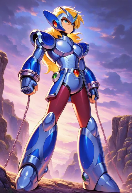 masterpiece, best quality, amazing quality, cephalbioreilxl, 1boy, male focus, toned male, blue eyes, wavy long hair, blonde hair, blue circlet, blue pauldrons, blue breastplate, elbow length vambraces, blue faulds, maroon pants, thighhigh greaves, fingerless gloves, chains, rocky cliff, clouds, FMIXF, vibrant details, sshdw, detailed shading, hued shading, (mega man x:1.4), android, robot,