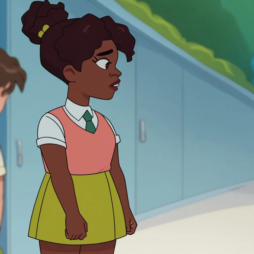 Depth of field.score_9_up, score_8_up, score_7_up, Kennedy, Dark Skin, Brown hair, Dark-skinned female, Shirt,green necktie,green skirt, easynegative