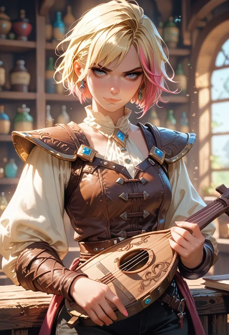 score_9, score_8_up, score_7_up, score_6_up, 1girl, mid 30s, 30 years old, solo, human female, strong build, bard, blonde hair with pink highlights, sidecut, short hair, strong face, large jaw, eyeliner, punk look, smirling, closed mouth, ((playing lute:1.5)), rockstar energy, fantasy tavern background, indoors, bard outfit, ornate shoulderpads, leather pants,
