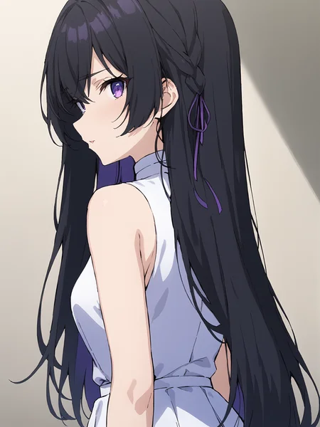 masterpiece, best quality,
<lora:tinasha.sdxl.v3:0.75> tinasha
black hair, purple eyes, long hair,
1girl, solo,
white dress, sleeveless,
