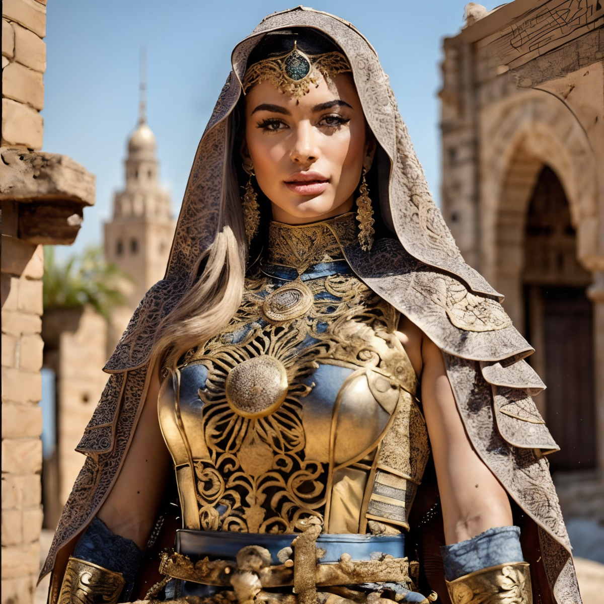 RAW photo, (masterpiece:1.3), subsurface scattering, heavy shadow, (high quality:1.4), (intricate, high detail:1.2), professional photography, HDR, High Dynamic Range, realistic, ultra realistic, photorealistic, high resolution, film photography, ambient lighting, atmospheric effects, <lora:detail_slider_v4:2>, OverallDetail,  <lora:Arabian_Town:0.68>, artow, Denise, <lora:Denise:1>, earrings, upper body shot, as an arabian warrior, wearing intricate medieval arabian armor, cape, veil, belt, ArAr, <lora:ArabianArmor-10:0.8>, in a street with arabian houses, epiCPhoto,  <lora:cleavage:-1>