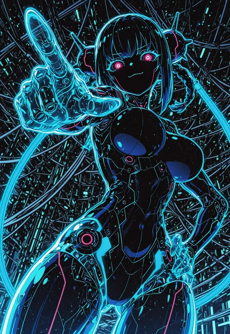masterpiece, best quality, amazing quality,  high resolution, aesthetic,  robot woman, robot body, robot joints, proud, large breasts, metal body, long pigtails, glowing blue details, blue body, rim lighting, smug face, scifi, angled view,(transparent body:1.6), thick cables everywhere, circuitry, 1girl, solo, wide hips, happy, bangs, metal limbs, robot limbs, dancing, action, holograms, DRKWB, hand on hip, pointing at viewer, 15546+456868, dynamic pose
