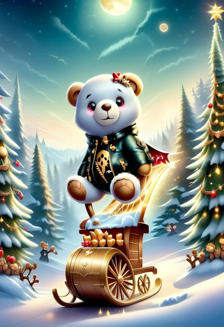 xmastedx,Festive,
(masterpiece, best quality:1.2), teddy bears' holiday concert, stage in a snowy clearing, teddy bears as rock stars, electric guitars, drums made of ice, backup singers - penguins, polar bears as roadies, teddy bears wearing leather jackets with tinsel accents, playing energetic rock music, the stage surrounded by a cheering crowd of forest animals, snow - covered mountains in the background, a full moon shining brightly.