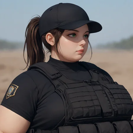 <lyco:SyMix_Pony_v05a02:1>, score_9, score_8_up, score_8, solo, 1 woman, adult, <lora:add-detail-xl:1>, <lora:EthicaXL:0.5>, fat ethica plate carrier, short sleeve black top, midriff, low rise black pants, black tactical belt, black fingerless gloves, ponytail, black baseball hat, ssbbw, double belly, love handles, ballistic vest, tactical vest, body armor, military base, close up