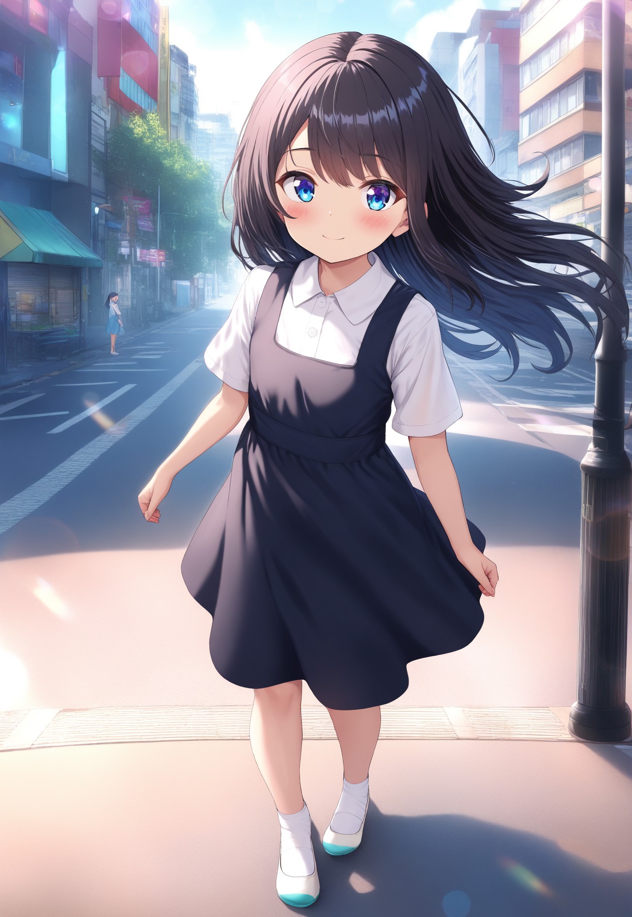 masterpiece, best quality,amazing quality,(1girl), solo,(depth of field),(solo focus),8K,HDR,(ultra high res),(highres),(full body),(lens flare),smile,blush,(black hair),(long hair),(blue eyes),(floating hair), sidelocks,(malaysian secondary school uniform),(pinafore dress),(black skirt),(black pinafore),(collared shirt),(white shirt),(short sleeves),(white socks),(short socks),(white footwear),(ballet flat),(outdoor),(cityspace),(city),(street),(lampost),(standing),(looking at viewer),child