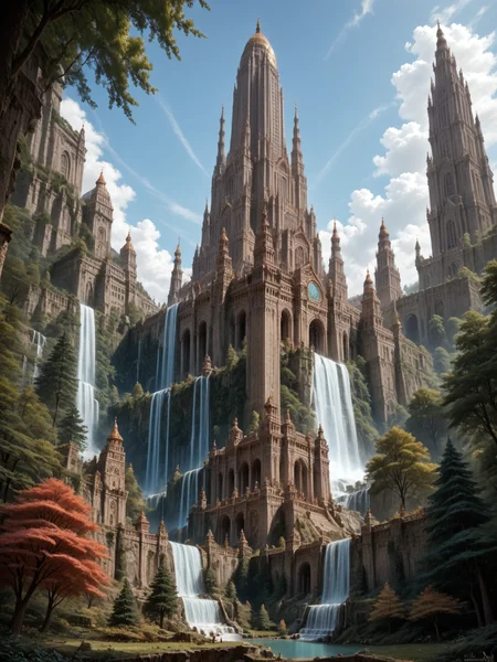 ethereal fantasy concept art of  score_8-up, score_7_up, low angle view, impressive scenery, general view, massive elven monument, majestic building with perfect architecture, straight  lines, perfect contrasts, detailed dark shadows, lossless details highlights, innovative composition <lora:Majestic-Fantasy-Architecture-V2_ponyXL_LOREVER:0.7> mafarch, outdoors, lost in a forest, detailed trees, waterfalls, magnificent, celestial, ethereal, painterly, epic, majestic, magical, fantasy art, cover art, dreamy